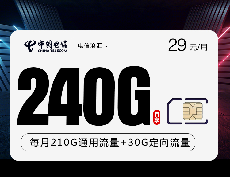 电信29元240G沧汇卡（爆款）210G通用流量+30G定向流量  语音0.1元/分钟优惠