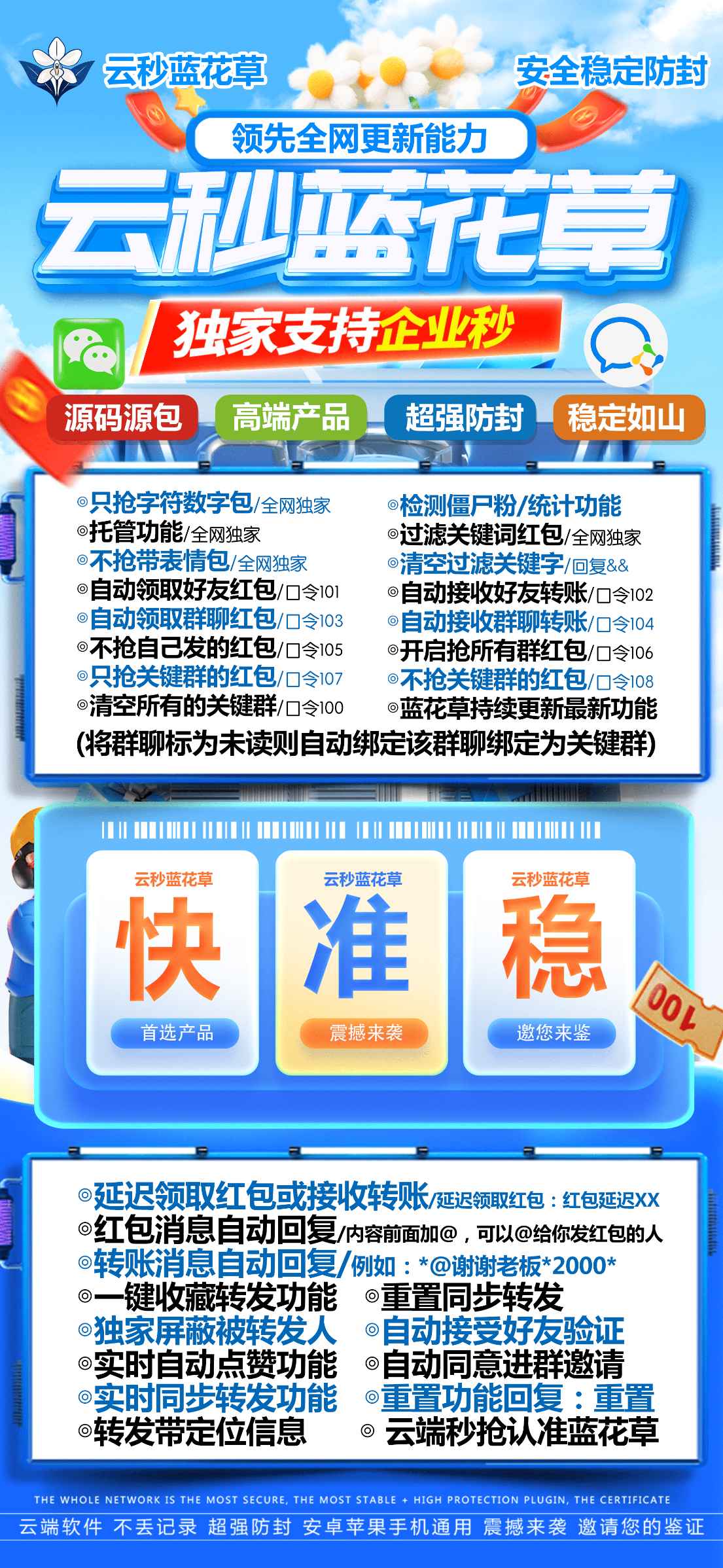 云端秒抢蓝花草官网：激活码商城招收代理稳定奔放2025春节不打烊24小时自动收款自动抢红包